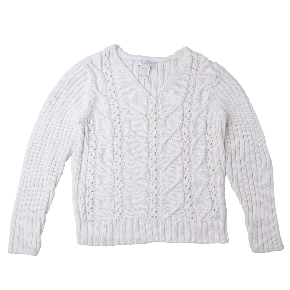 VTG Worthington Sweater Women's M Petite White Knit Cotton V-Neck Cottagecore